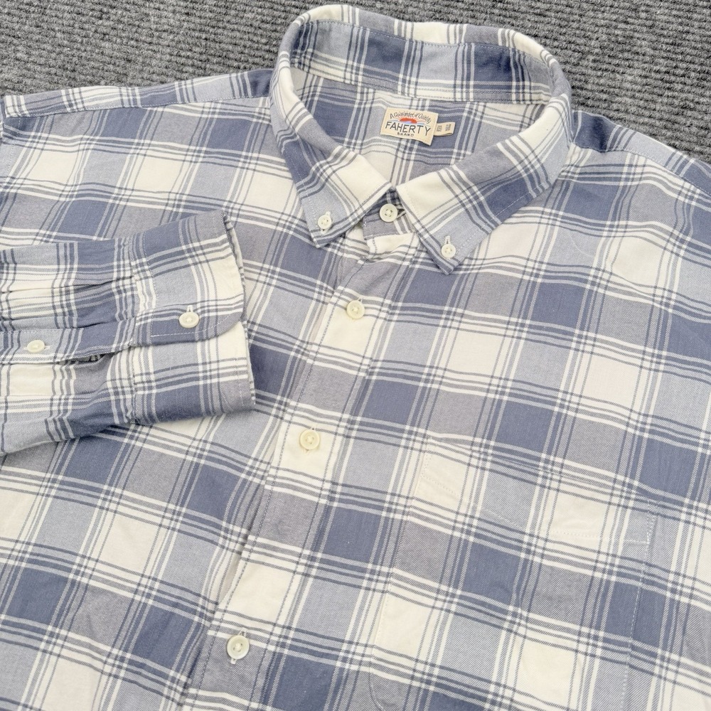 Faherty Long Sleeve‎ Flannel Shirt Mens 2XL Gray White Gingham Check Button Up